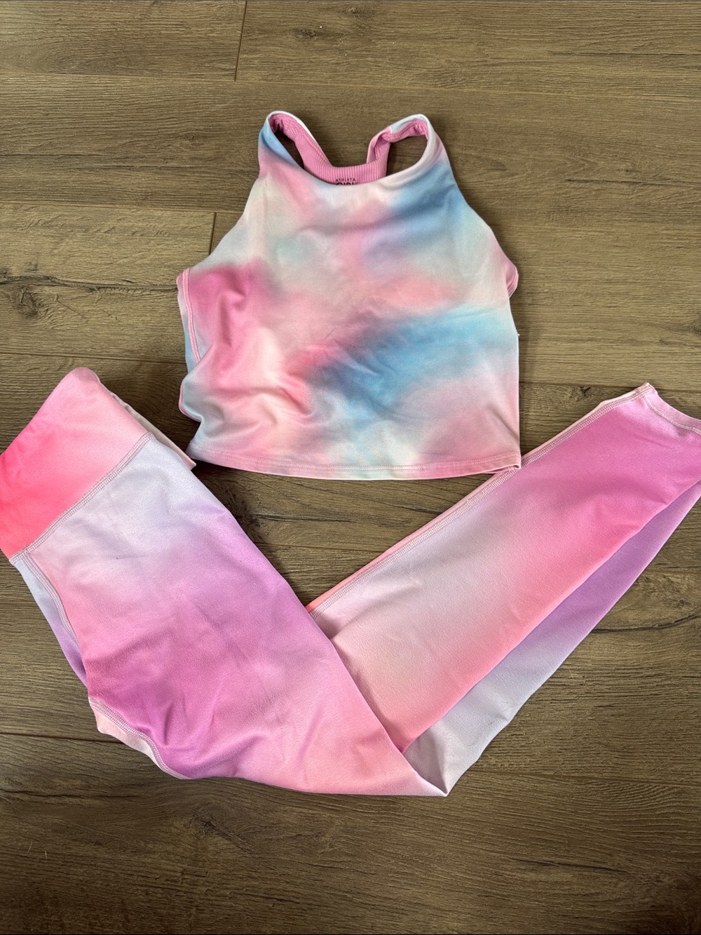 Athleta Girls Pink and Blue Tie-Dye Active Leggings & Crop Tank